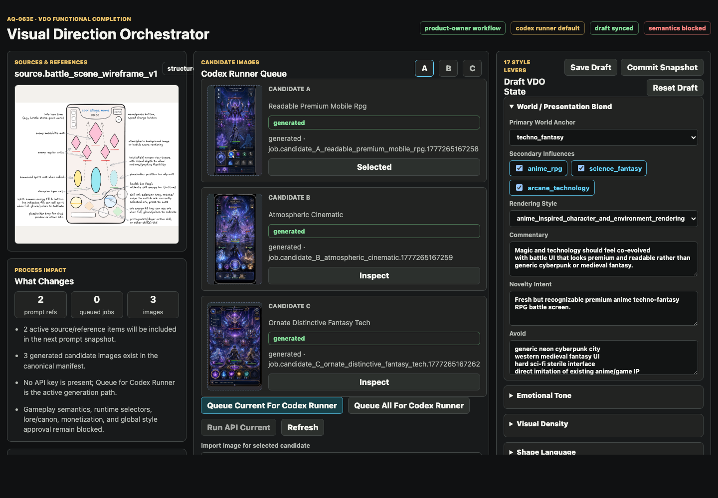 Visual Direction Orchestrator product-owner interface with source preview, generated candidates, style levers, and blocked semantics.